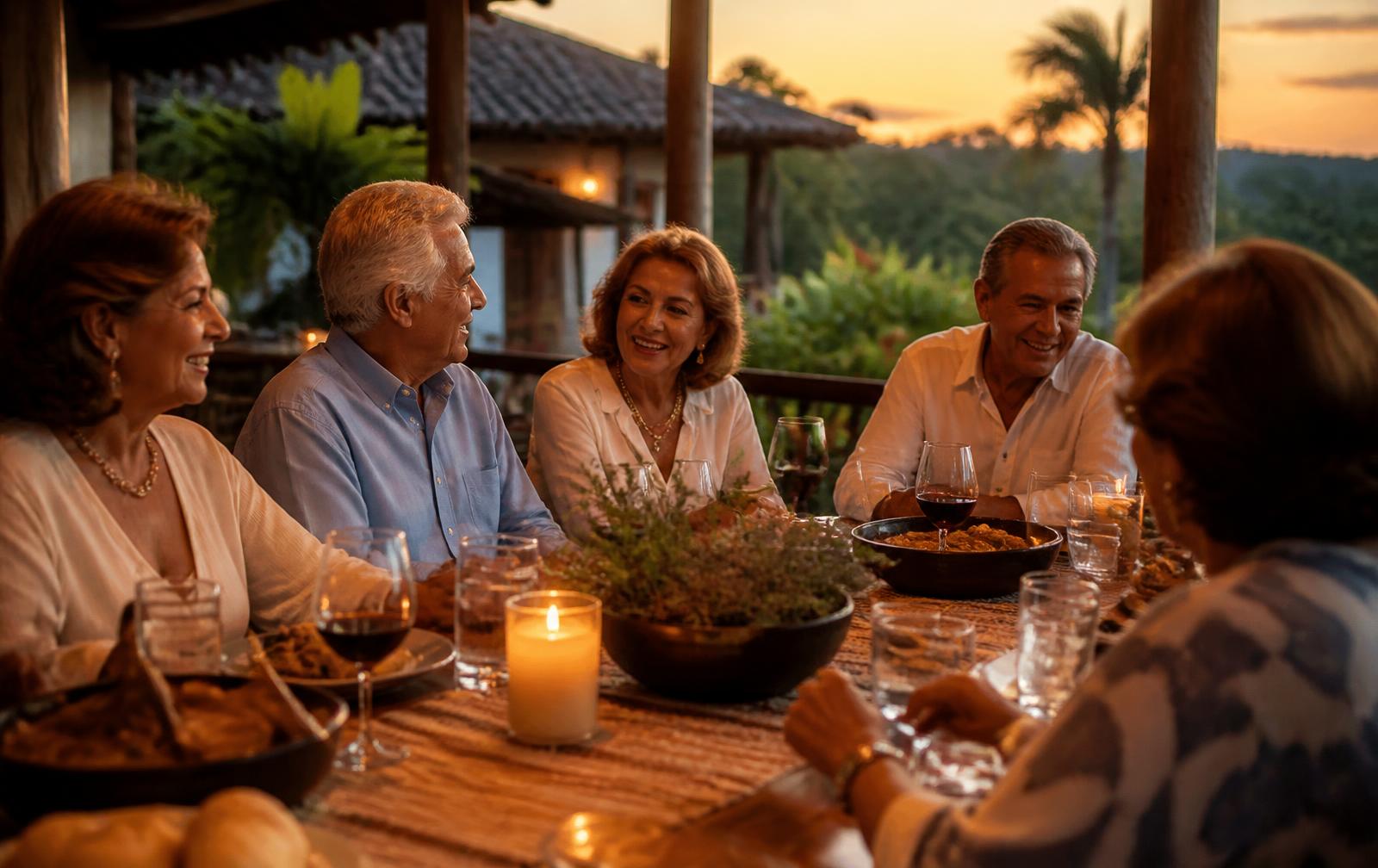 Grupo de adultos mayores cenando al aire libre durante el atardecer