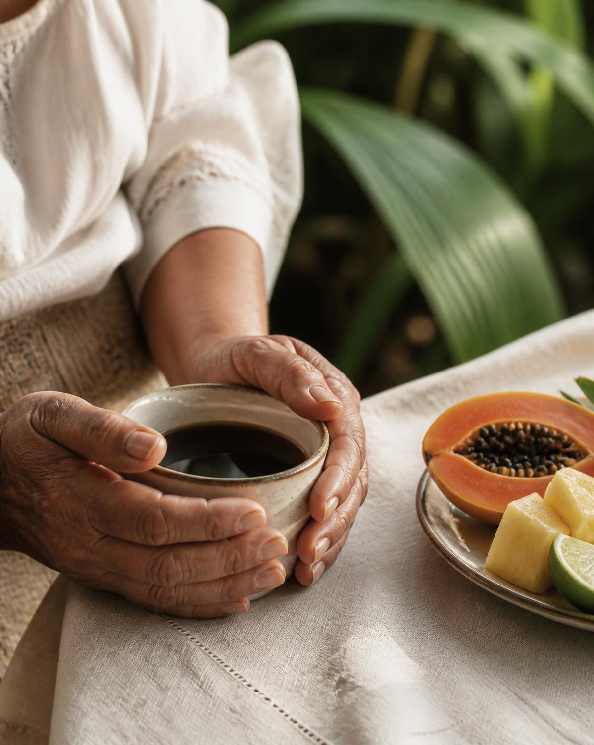 Taza de café colombiano junto a fruta tropical fresca sobre mantel de lino