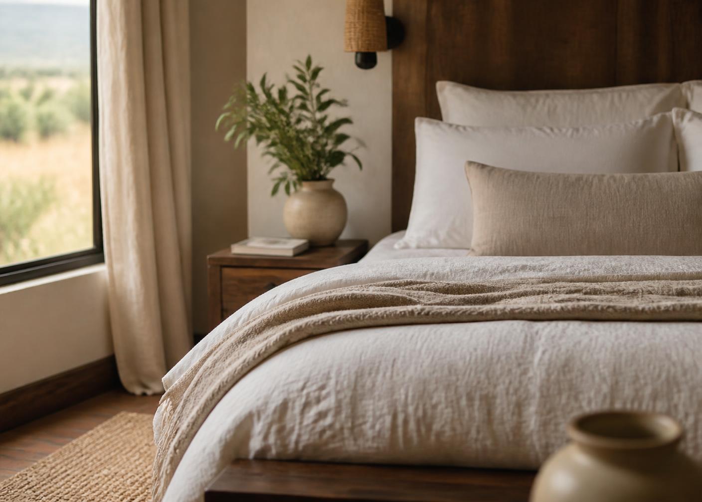 Habitación de hotel boutique con luces cálidas, ropa de cama blanca y vista al jardín
