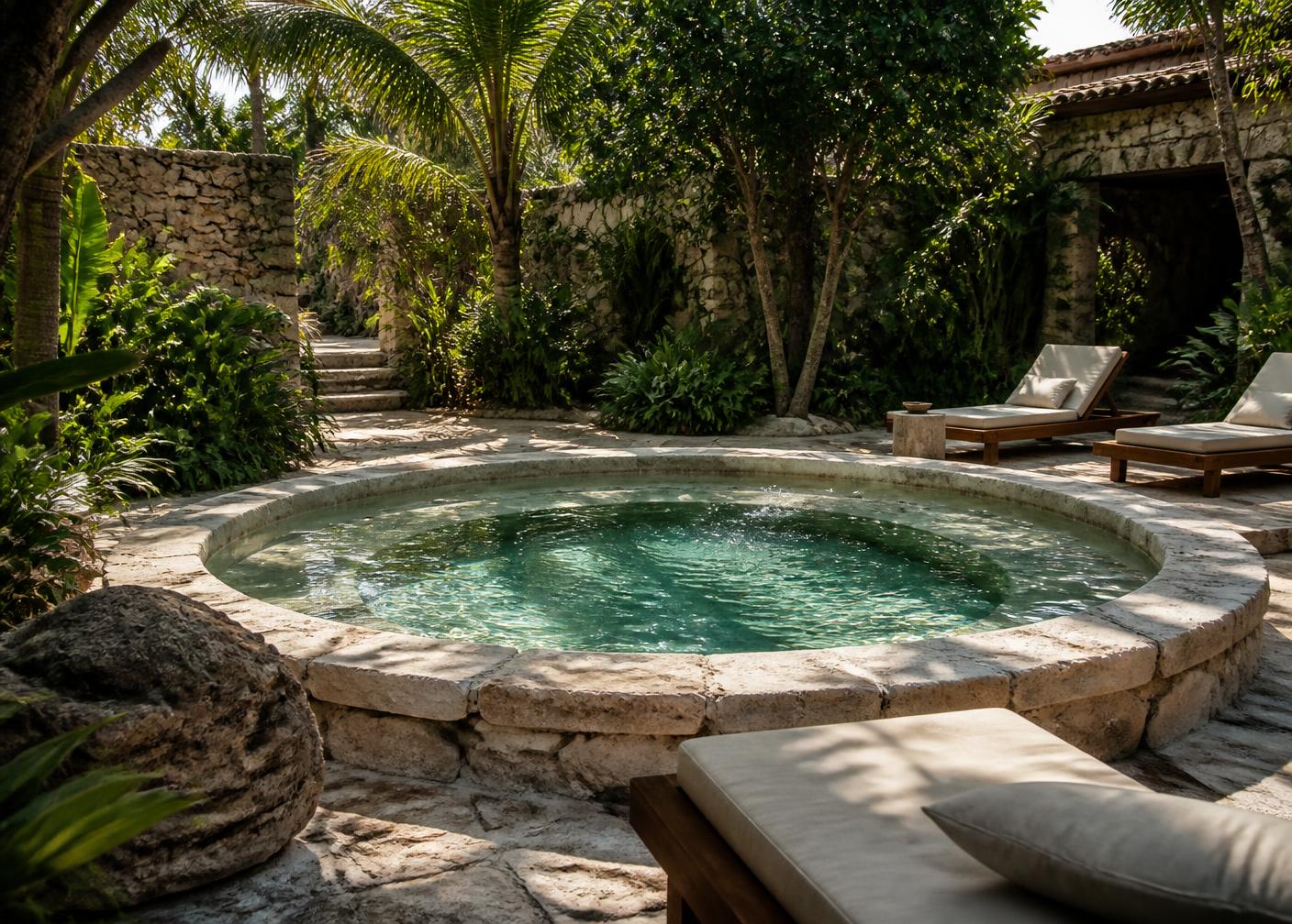 Piscina de piedra rodeada de vegetación tropical en un hotel campestre