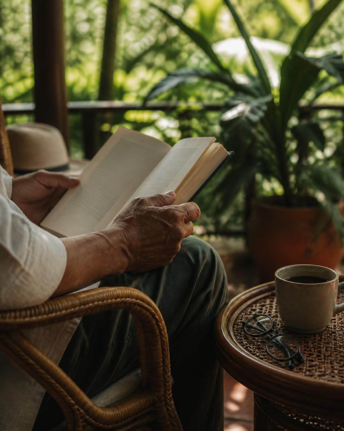 Libro abierto y taza de café sobre una mesa de terraza al aire libre