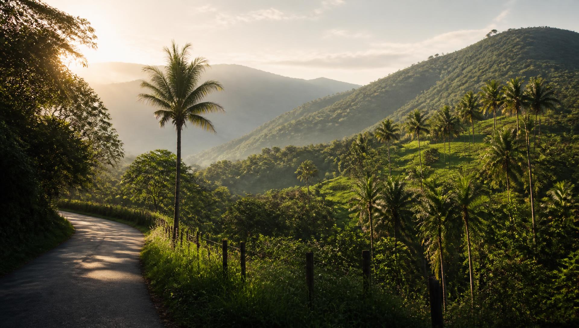 Montañas verdes y valle de Villeta, Cundinamarca, bajo luz cálida de la mañana