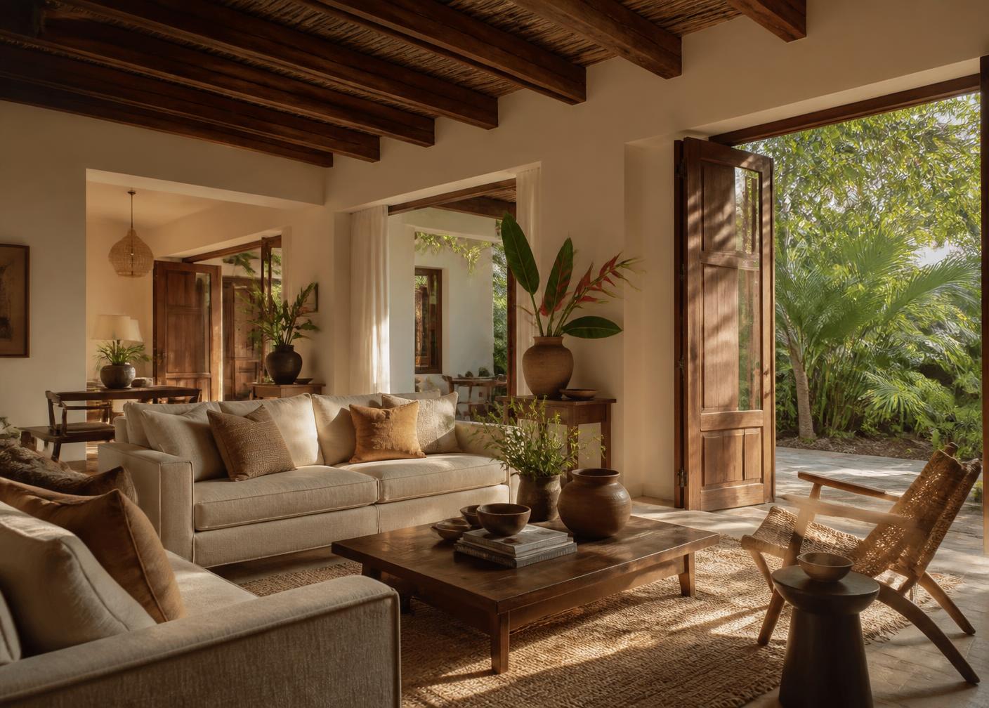 Sala común con muebles de madera, textiles naturales y luz cálida